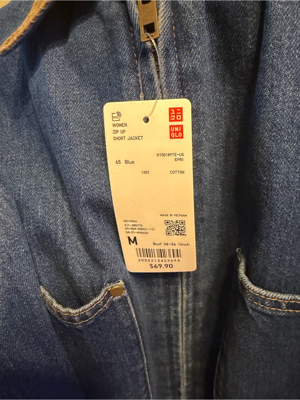 Uniqlo Blue Denim Jacket with Brown Corduroy Collar - Picture 3 of 3